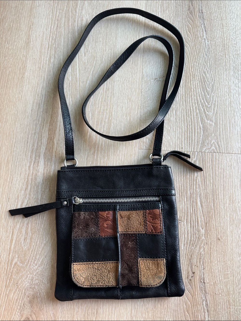 Fossil Black Leather Crossbody with Brown Patchwork Front